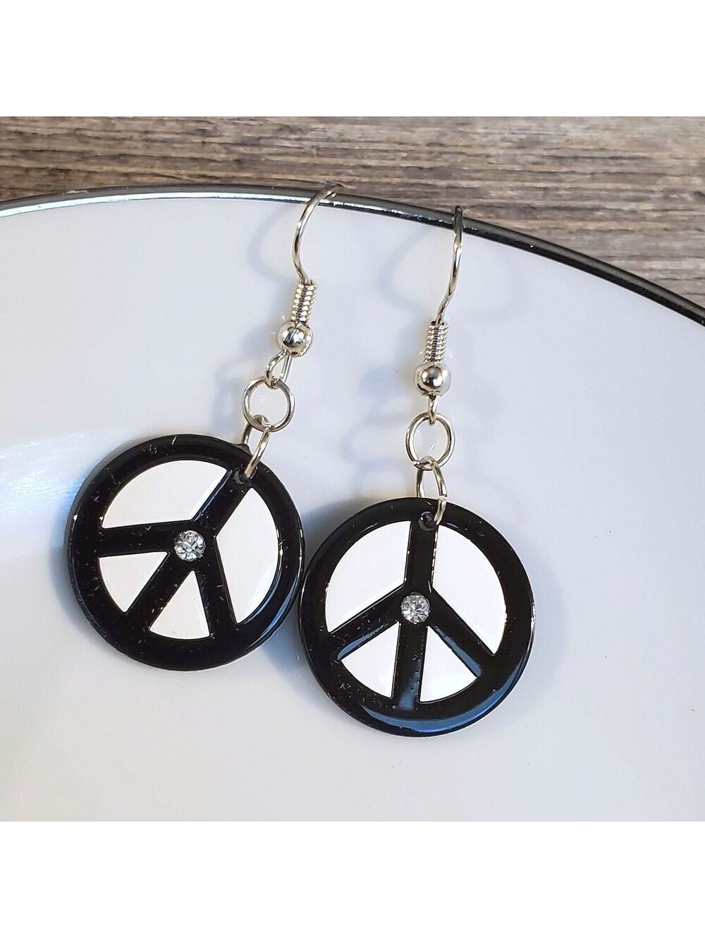 Vintage Y2K White Black Lucite Austrian Crystal Round Peace Sign Earrings - Picture 5 of 9